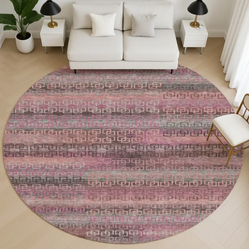 8' Pink And Gray Striped Washable Round Rug With UV Protection Photo 4