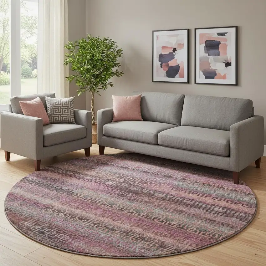 8' Pink And Gray Striped Washable Round Rug With UV Protection Photo 2