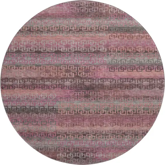 8' Pink And Gray Striped Washable Round Rug With UV Protection Photo 1