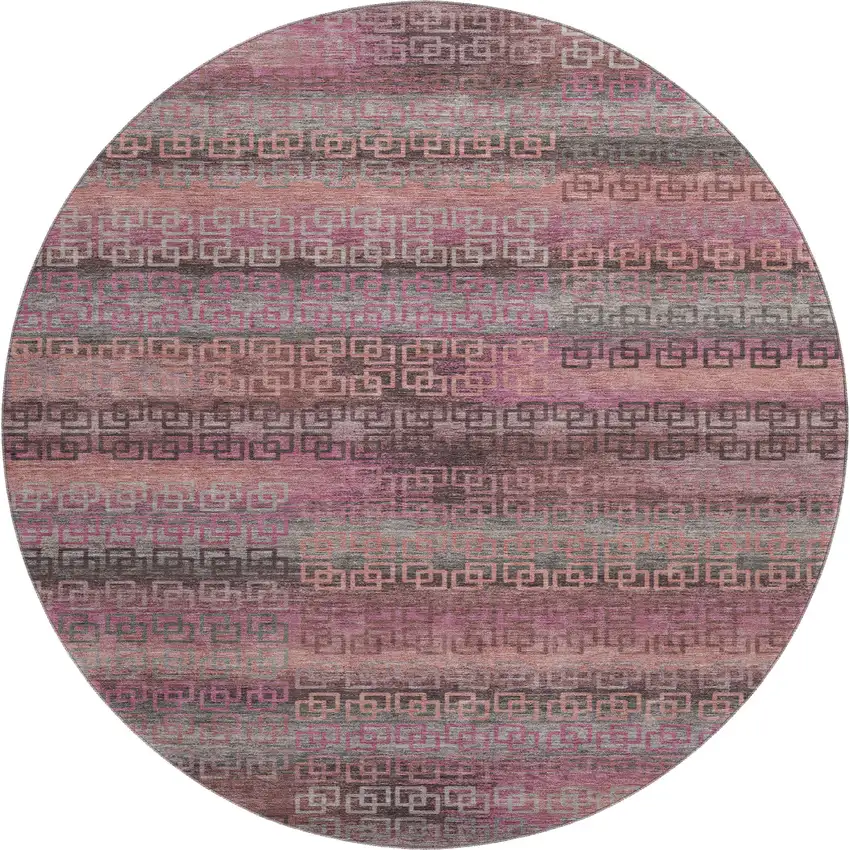 8' Pink And Gray Striped Washable Round Rug With UV Protection Photo 1
