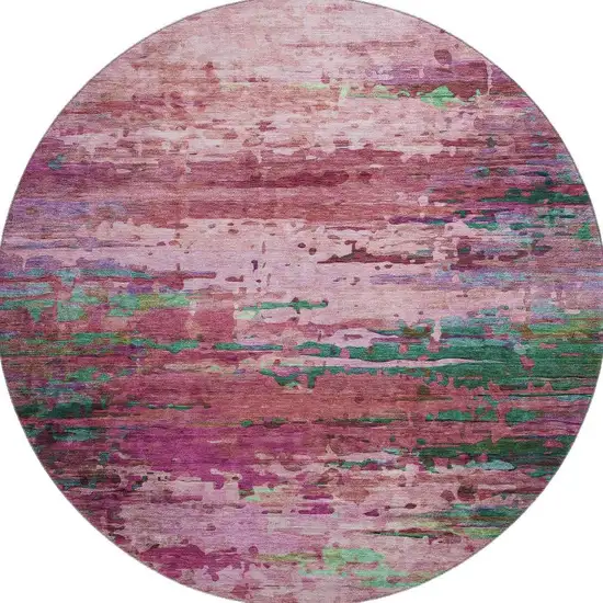 8' Pink And Green Abstract Washable Round Rug With UV Protection Photo 4