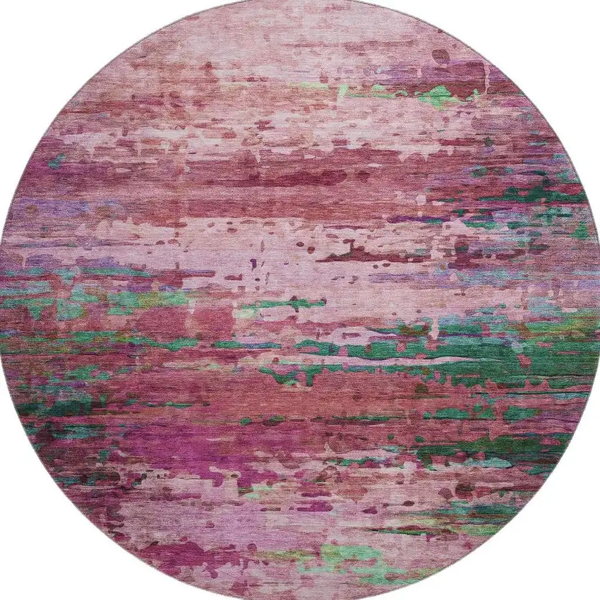 8' Pink And Green Abstract Washable Round Rug With UV Protection Photo 4