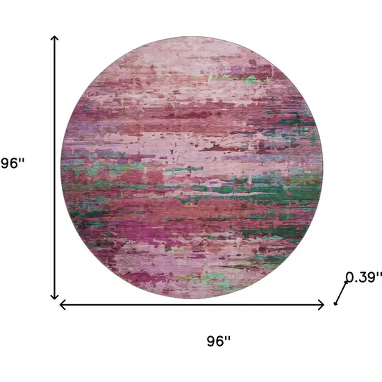 8' Pink And Green Abstract Washable Round Rug With UV Protection Photo 8