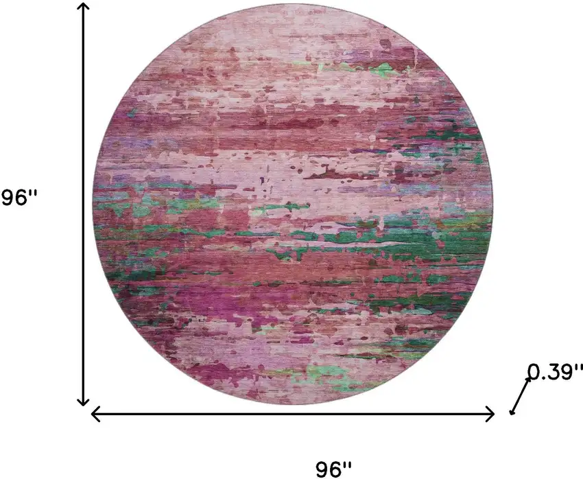 8' Pink And Green Abstract Washable Round Rug With UV Protection Photo 8