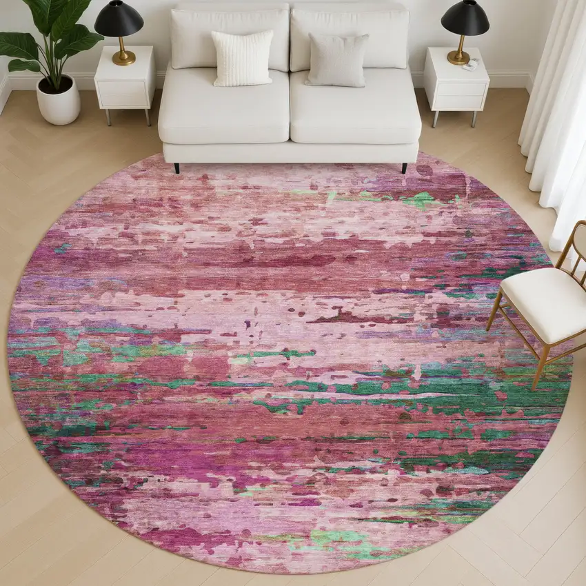 8' Pink And Green Abstract Washable Round Rug With UV Protection Photo 5