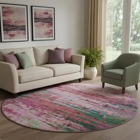 8' Pink And Green Abstract Washable Round Rug With UV Protection Photo 2