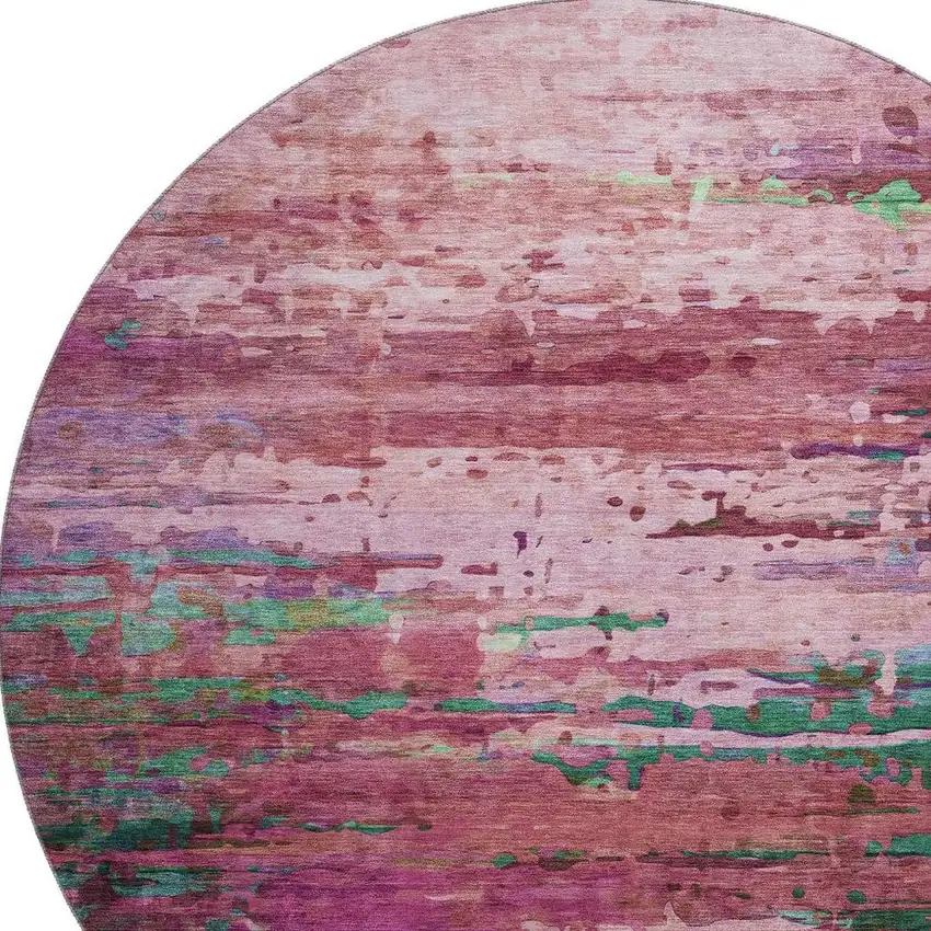 8' Pink And Green Abstract Washable Round Rug With UV Protection Photo 3