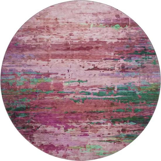 8' Pink And Green Abstract Washable Round Rug With UV Protection Photo 1