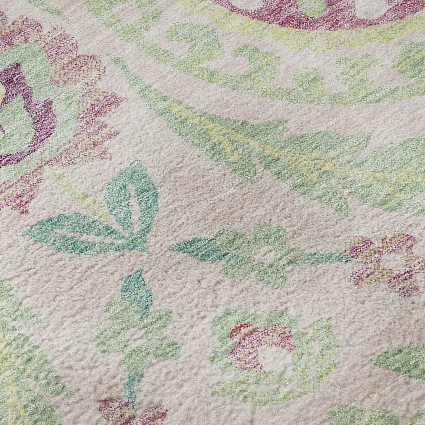 8' Pink And Green Floral Washable Round Rug With UV Protection Photo 9