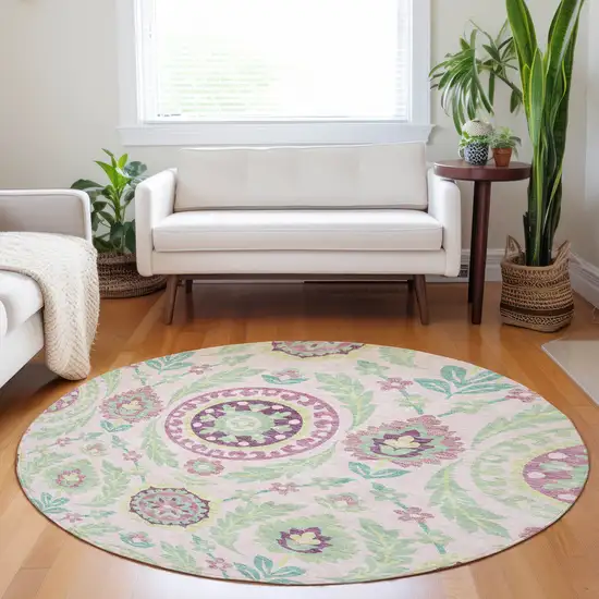 8' Pink And Green Floral Washable Round Rug With UV Protection Photo 5
