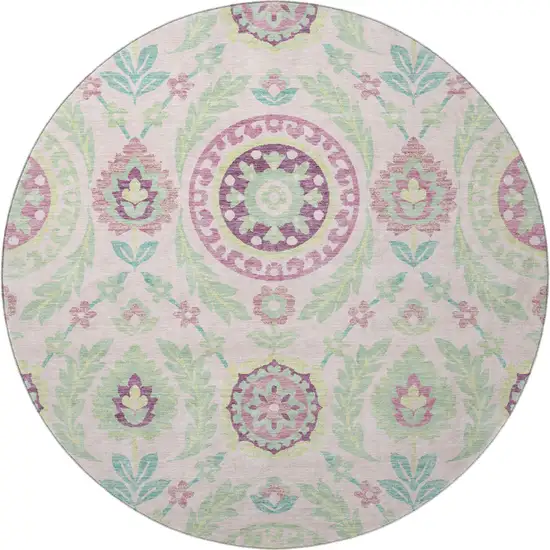 8' Pink And Green Floral Washable Round Rug With UV Protection Photo 4