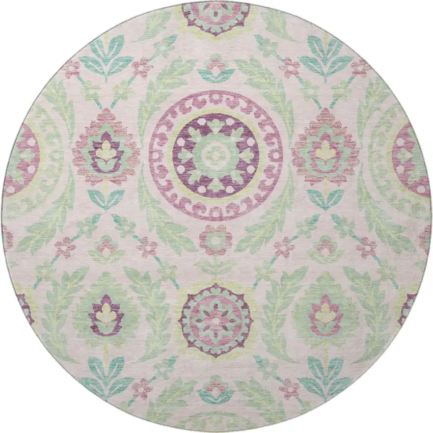 8' Pink And Green Floral Washable Round Rug With UV Protection Photo 4
