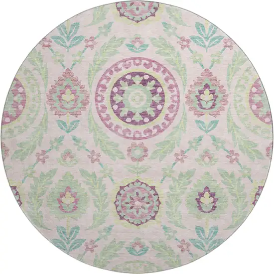 8' Pink And Green Floral Washable Round Rug With UV Protection Photo 1