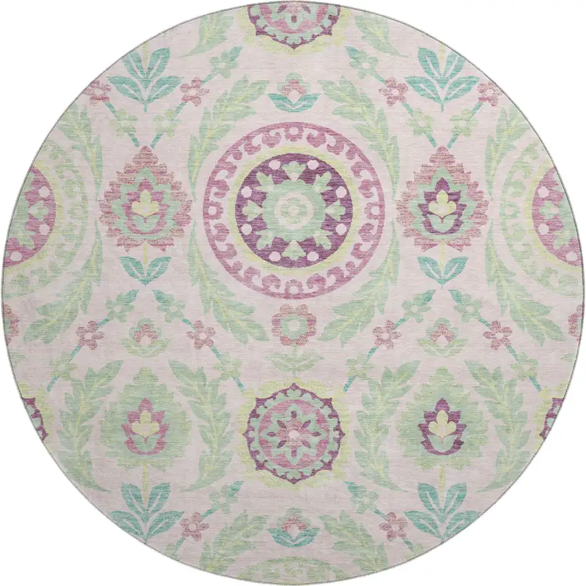 8' Pink And Green Floral Washable Round Rug With UV Protection Photo 1