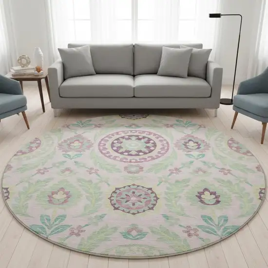 8' Pink And Green Floral Washable Round Rug With UV Protection Photo 2
