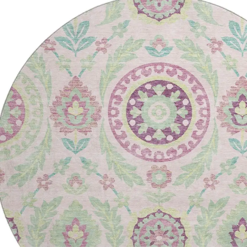 8' Pink And Green Floral Washable Round Rug With UV Protection Photo 3