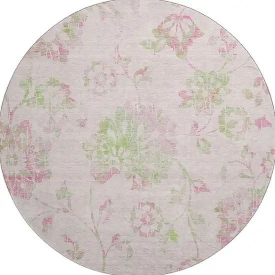 8' Pink And Green Floral Washable Round Rug With UV Protection Photo 3