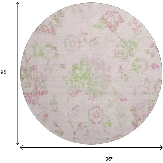 8' Pink And Green Floral Washable Round Rug With UV Protection Photo 8