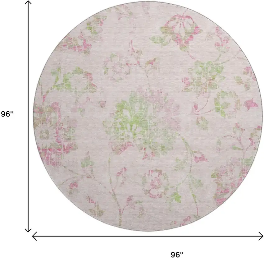 8' Pink And Green Floral Washable Round Rug With UV Protection Photo 8