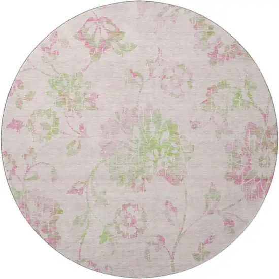8' Pink And Green Floral Washable Round Rug With UV Protection Photo 4