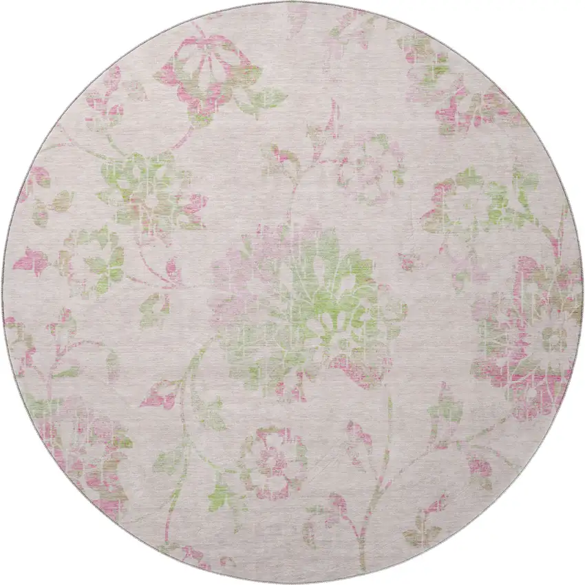 8' Pink And Green Floral Washable Round Rug With UV Protection Photo 4