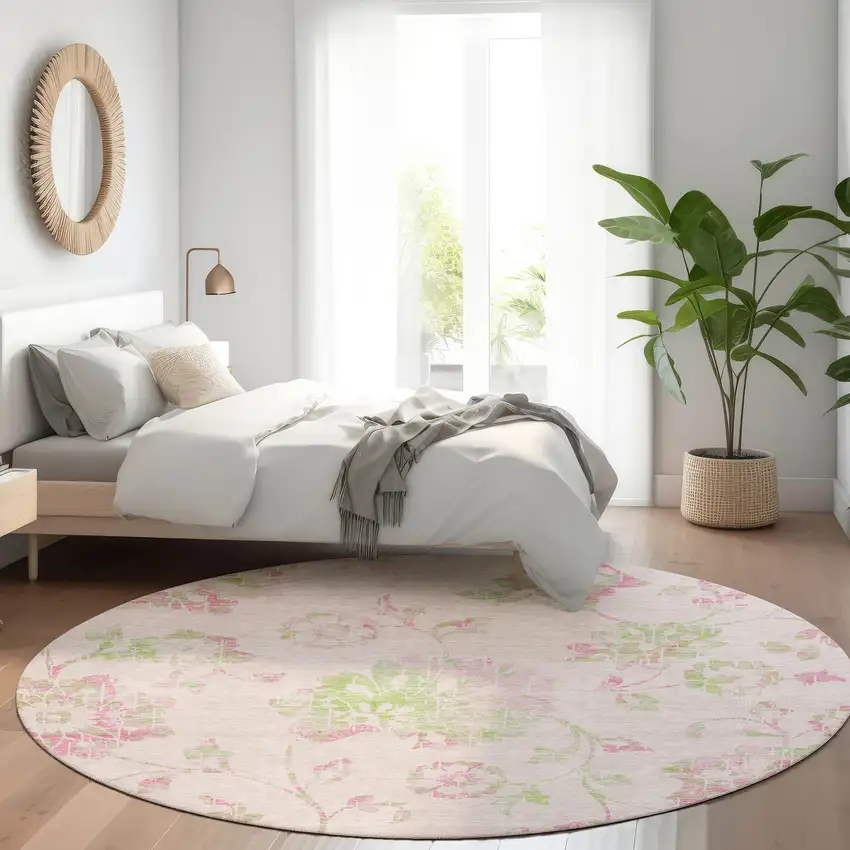 8' Pink And Green Floral Washable Round Rug With UV Protection Photo 5