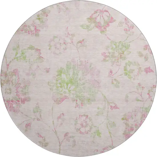 8' Pink And Green Floral Washable Round Rug With UV Protection Photo 1