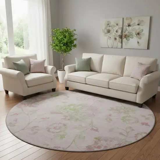 8' Pink And Green Floral Washable Round Rug With UV Protection Photo 1