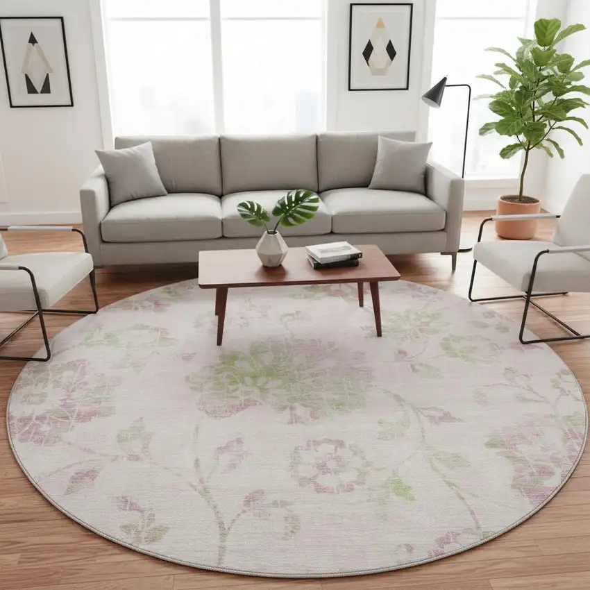 8' Pink And Green Floral Washable Round Rug With UV Protection Photo 2