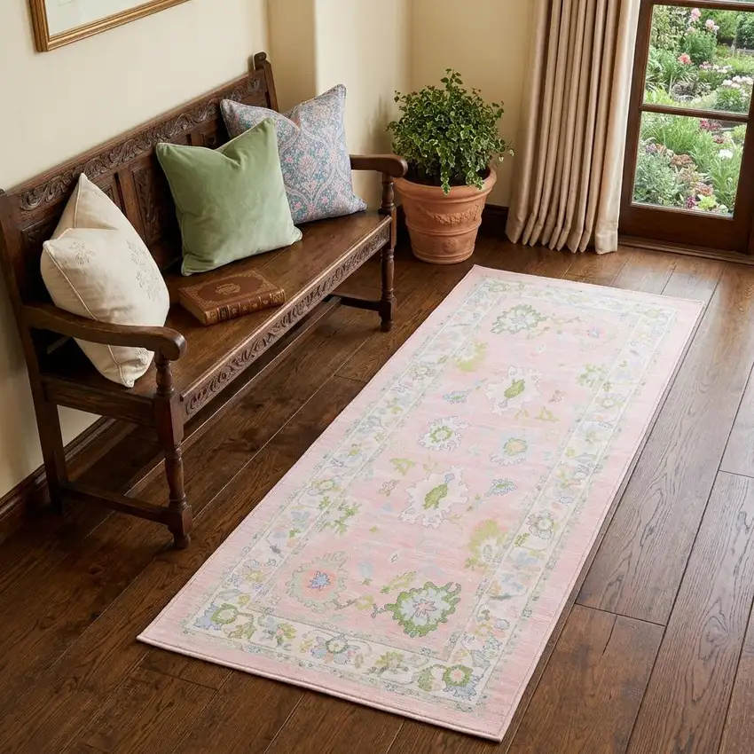 7' Pink And Green Oriental Washable Runner Rug Photo 1
