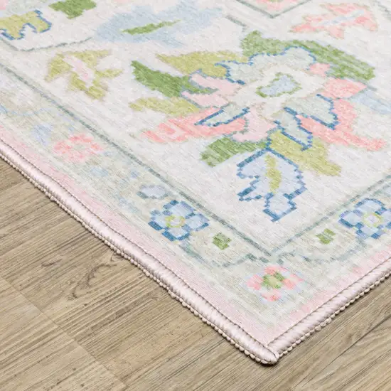 7' Pink And Green Oriental Washable Runner Rug Photo 5