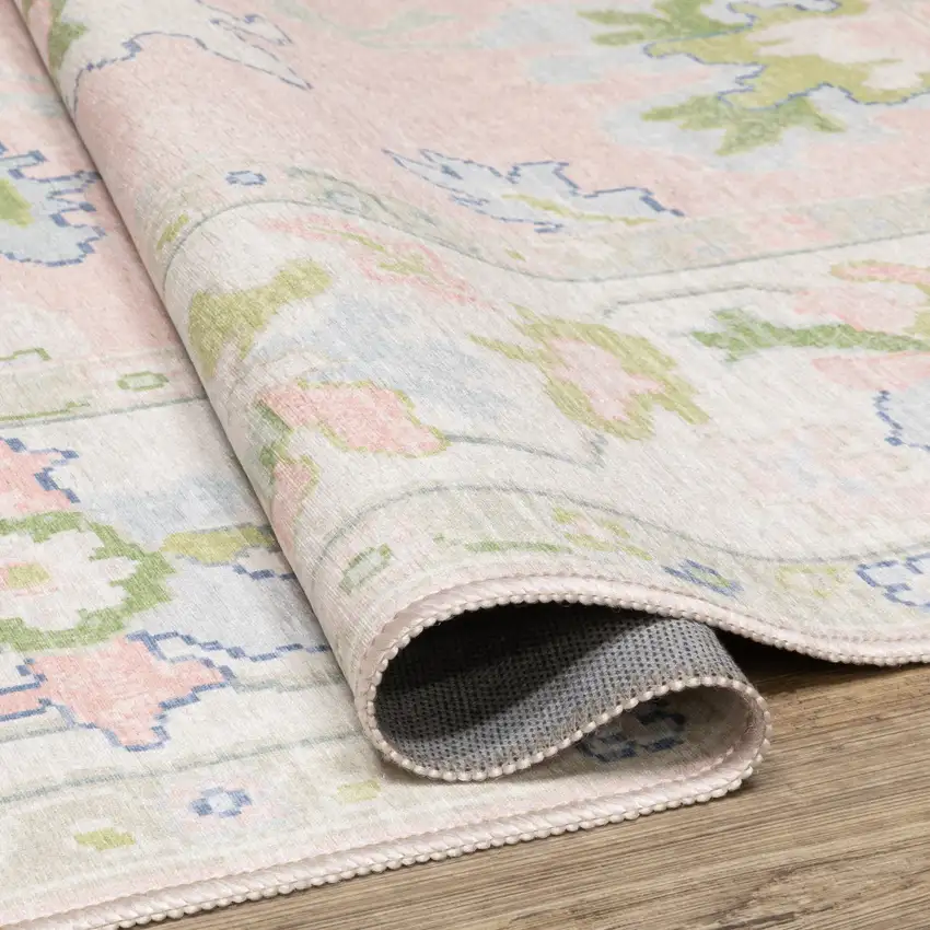 7' Pink And Green Oriental Washable Runner Rug Photo 6