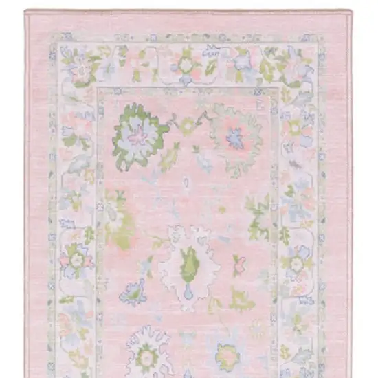 7' Pink And Green Oriental Washable Runner Rug Photo 3