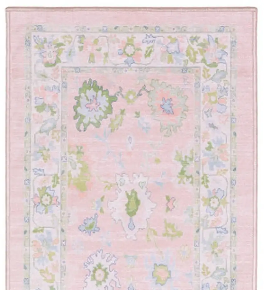 7' Pink And Green Oriental Washable Runner Rug Photo 3