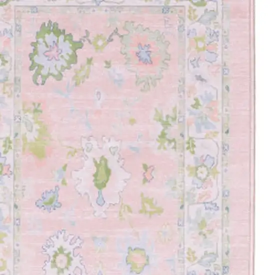 7' Pink And Green Oriental Washable Runner Rug Photo 2
