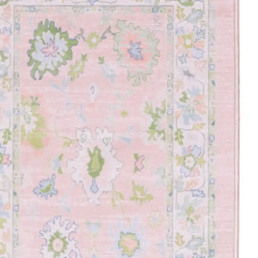 7' Pink And Green Oriental Washable Runner Rug Photo 2
