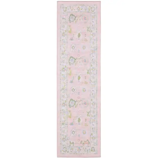 7' Pink And Green Oriental Washable Runner Rug Photo 4