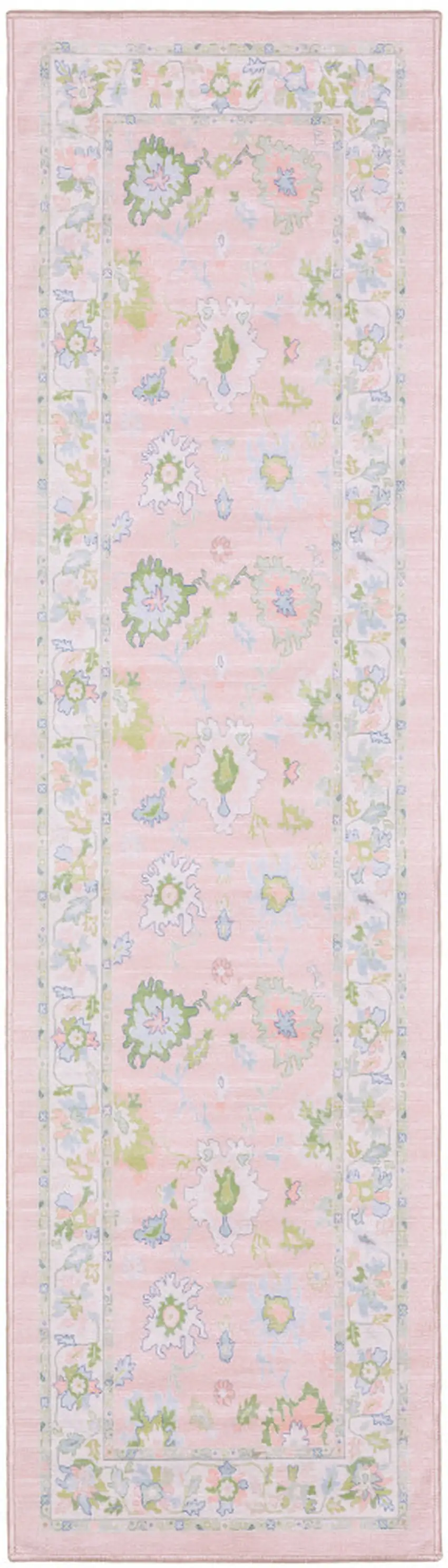 7' Pink And Green Oriental Washable Runner Rug Photo 4