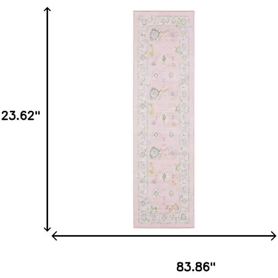 7' Pink And Green Oriental Washable Runner Rug Photo 7