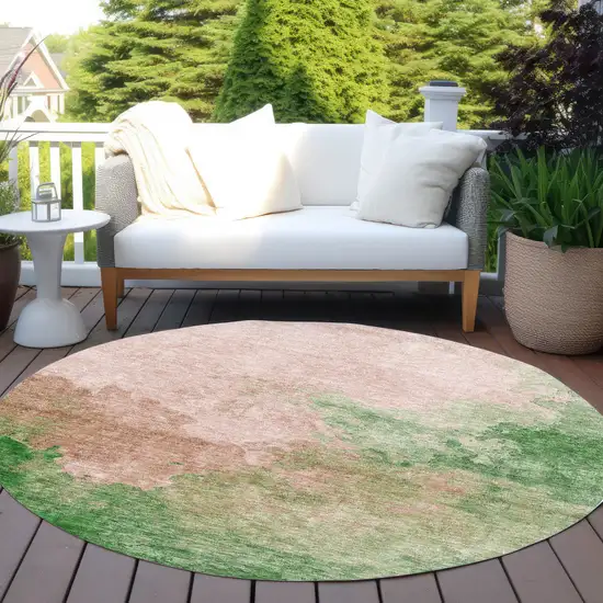 8' Pink And Green Round Abstract Washable Indoor Outdoor Area Rug Photo 7