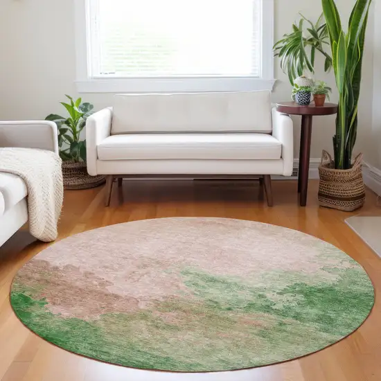 8' Pink And Green Round Abstract Washable Indoor Outdoor Area Rug Photo 8