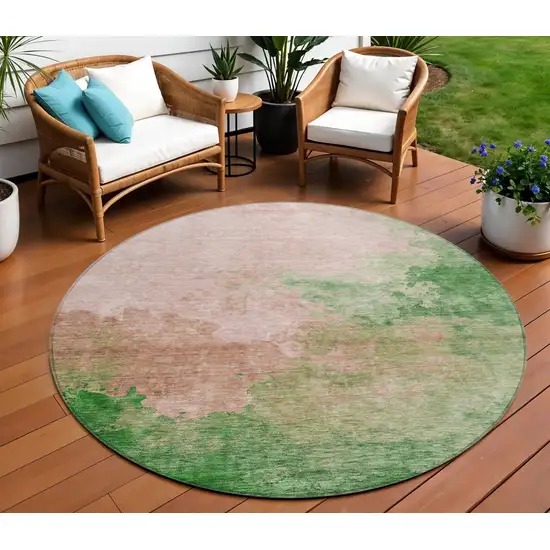 8' Pink And Green Round Abstract Washable Indoor Outdoor Area Rug Photo 1