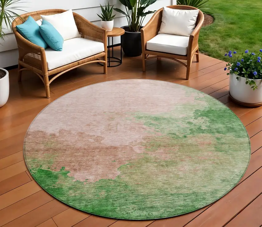 8' Pink And Green Round Abstract Washable Indoor Outdoor Area Rug Photo 1