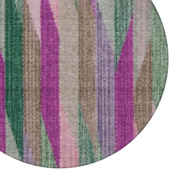 8' Pink And Green Round Striped Washable Indoor Outdoor Area Rug Photo 3