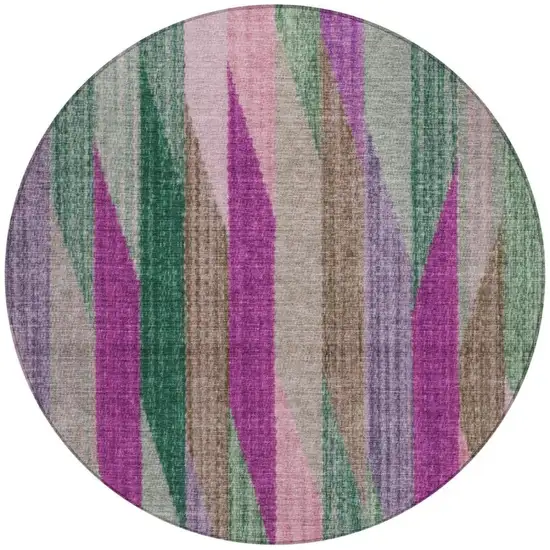 8' Pink And Green Round Striped Washable Indoor Outdoor Area Rug Photo 4
