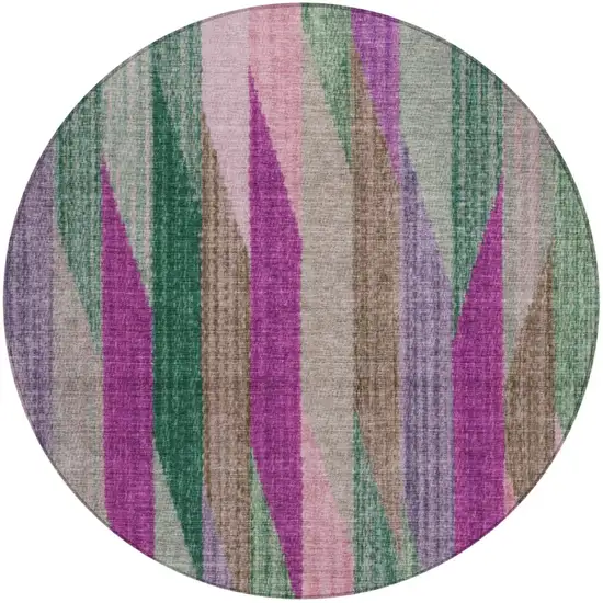 8' Pink And Green Round Striped Washable Indoor Outdoor Area Rug Photo 2