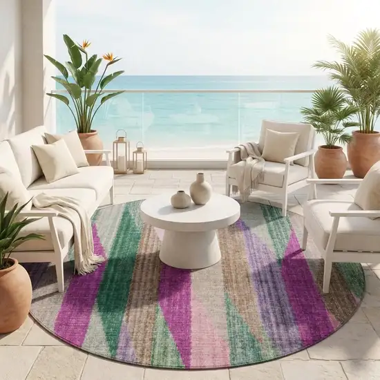 8' Pink And Green Round Striped Washable Indoor Outdoor Area Rug Photo 1