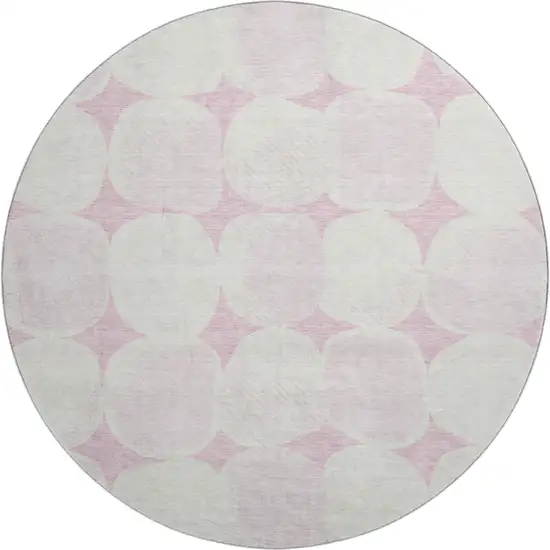 8' Pink And Ivory Abstract Geometric Washable Round Rug With UV Protection Photo 1