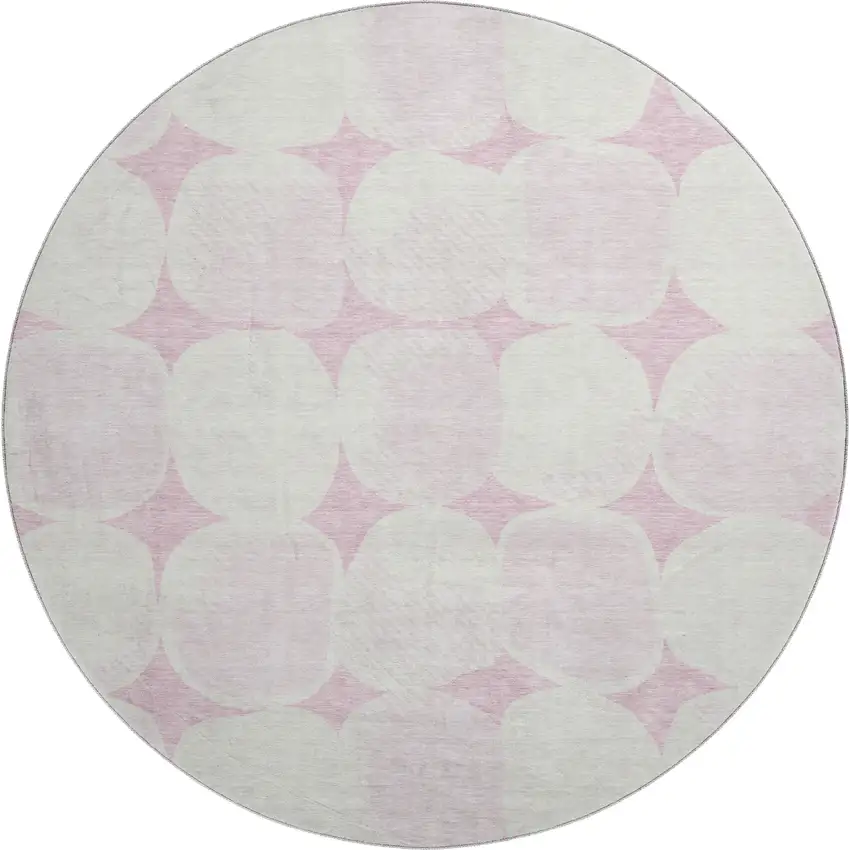 8' Pink And Ivory Abstract Geometric Washable Round Rug With UV Protection Photo 1