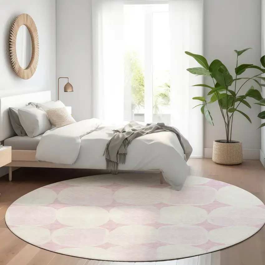 8' Pink And Ivory Abstract Geometric Washable Round Rug With UV Protection Photo 5